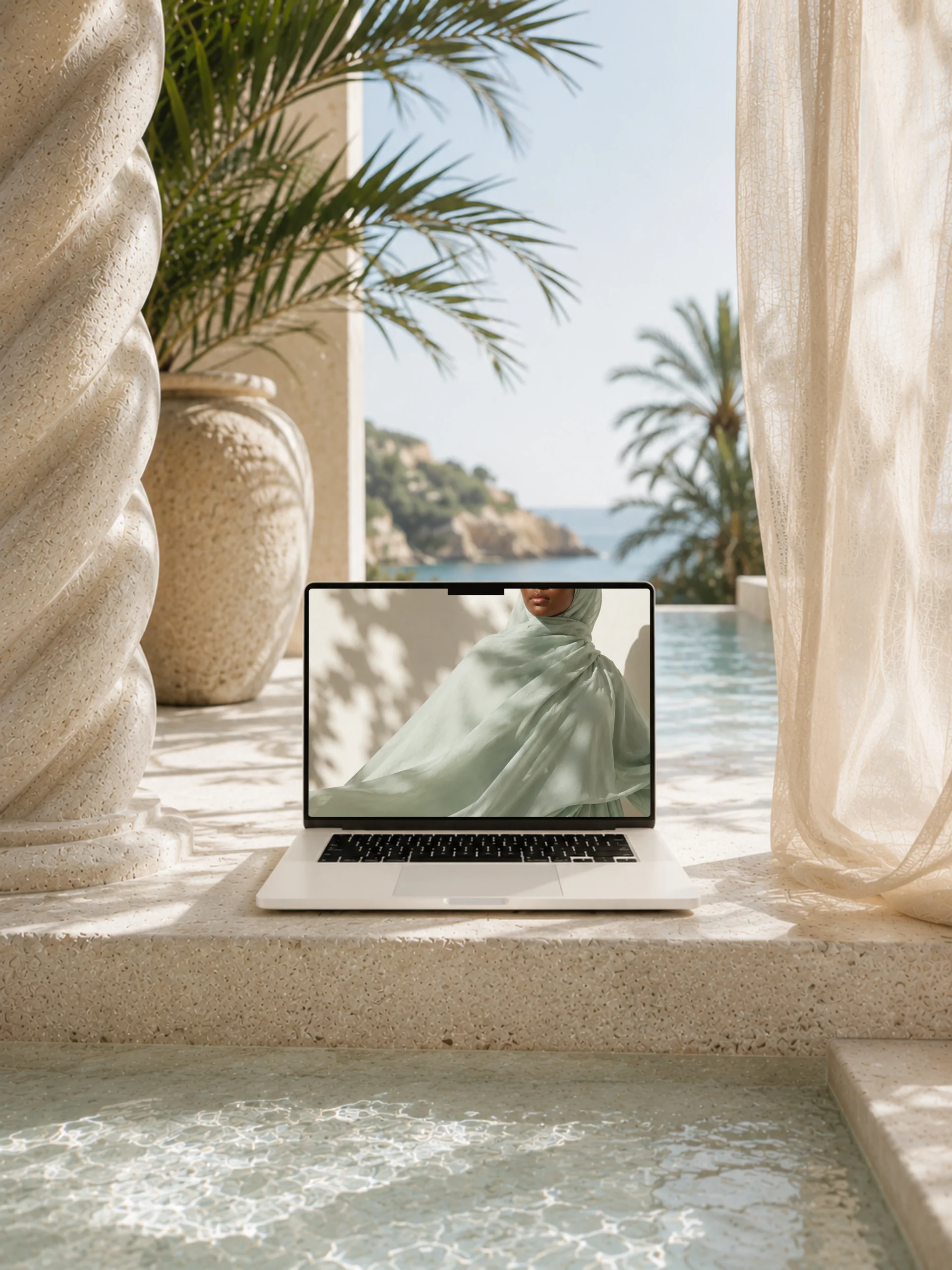Ordinateur portable ouvert sur une photo d'une femme portant un hijab vert menthe léger, posé près d'une piscine d'eau claire avec des palmiers, des colonnes et la mer en arrière-plan.