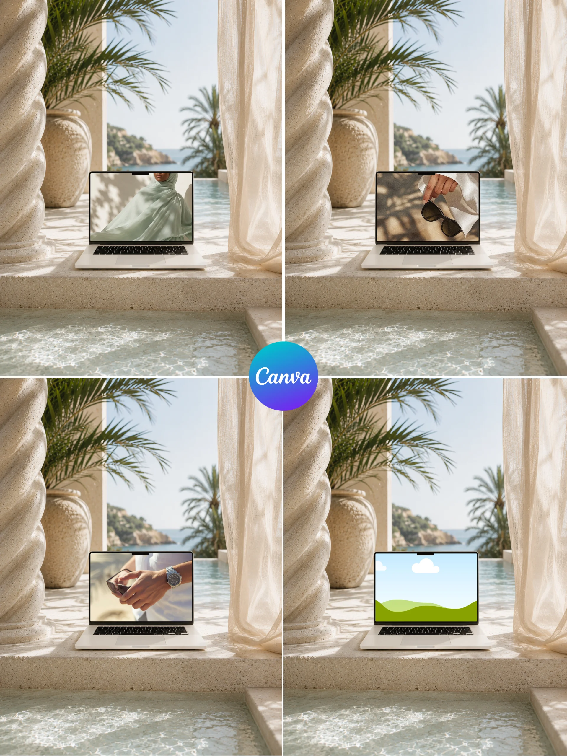 Montage de quatre écrans d'ordinateur portable présentant des produits de mode, des lunettes de soleil et un paysage, le tout dans un décor luxueux en bord de piscine.
