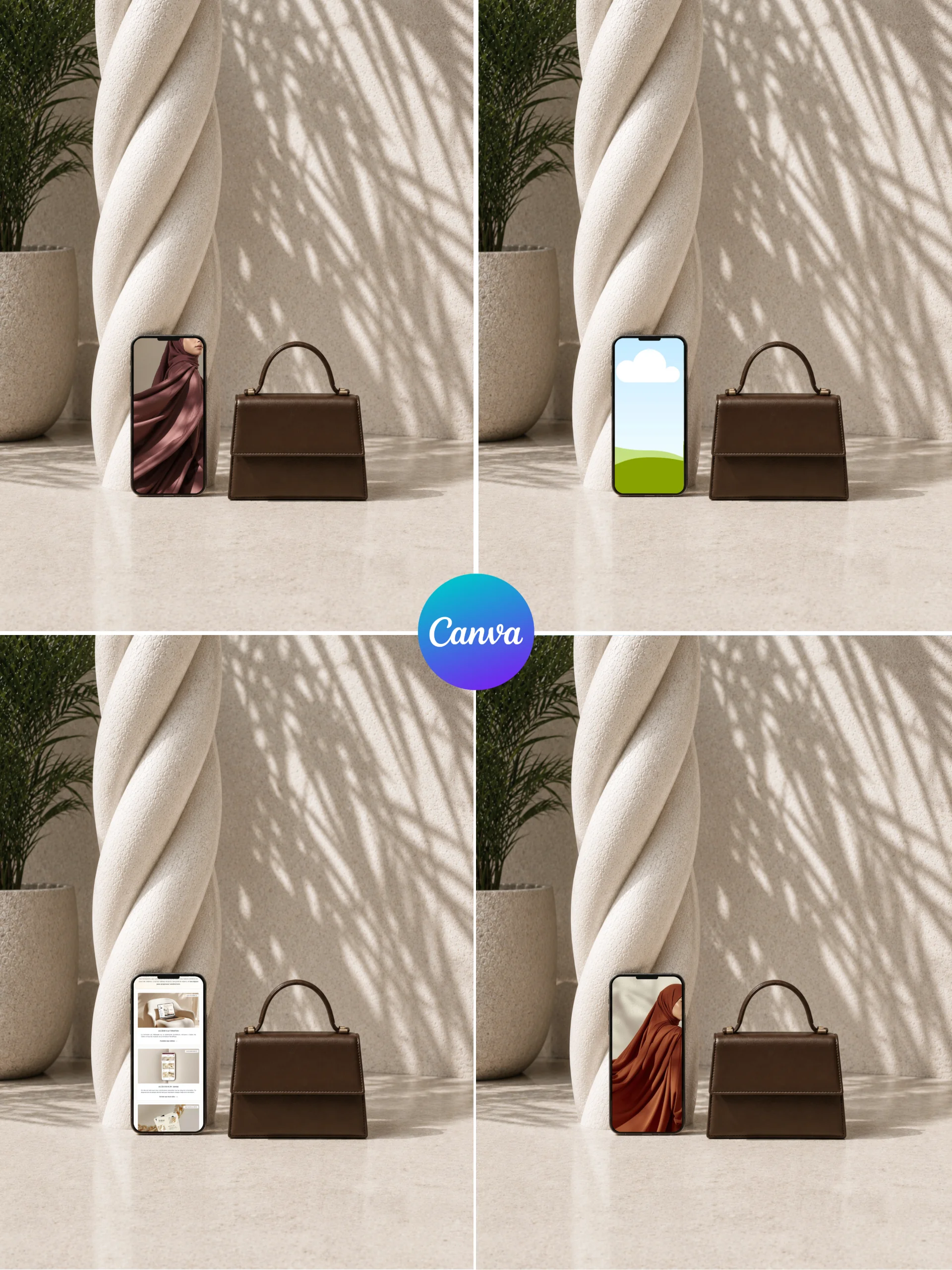 Quatre vignettes montrant un sac à main brun face à un smartphone affichant différents contenus