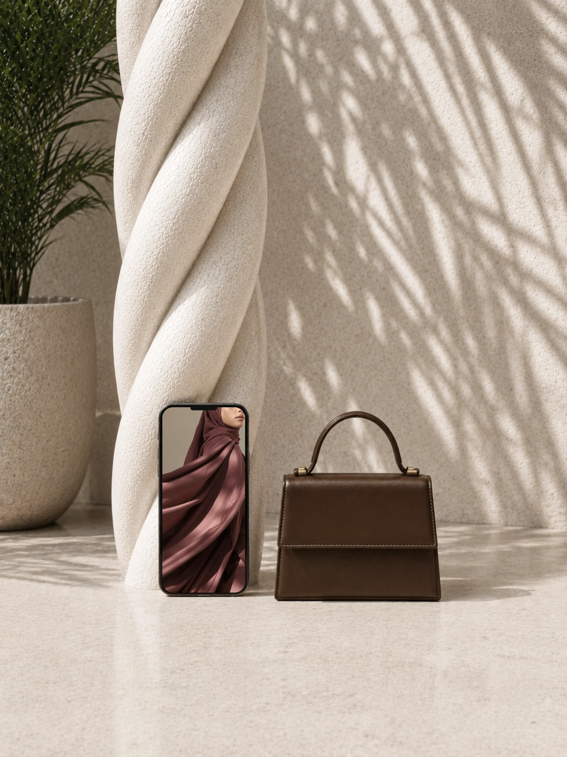 Un petit sac à main marron foncé posé à côté d'un smartphone affichant une photo de hijab aux nuances de prune.