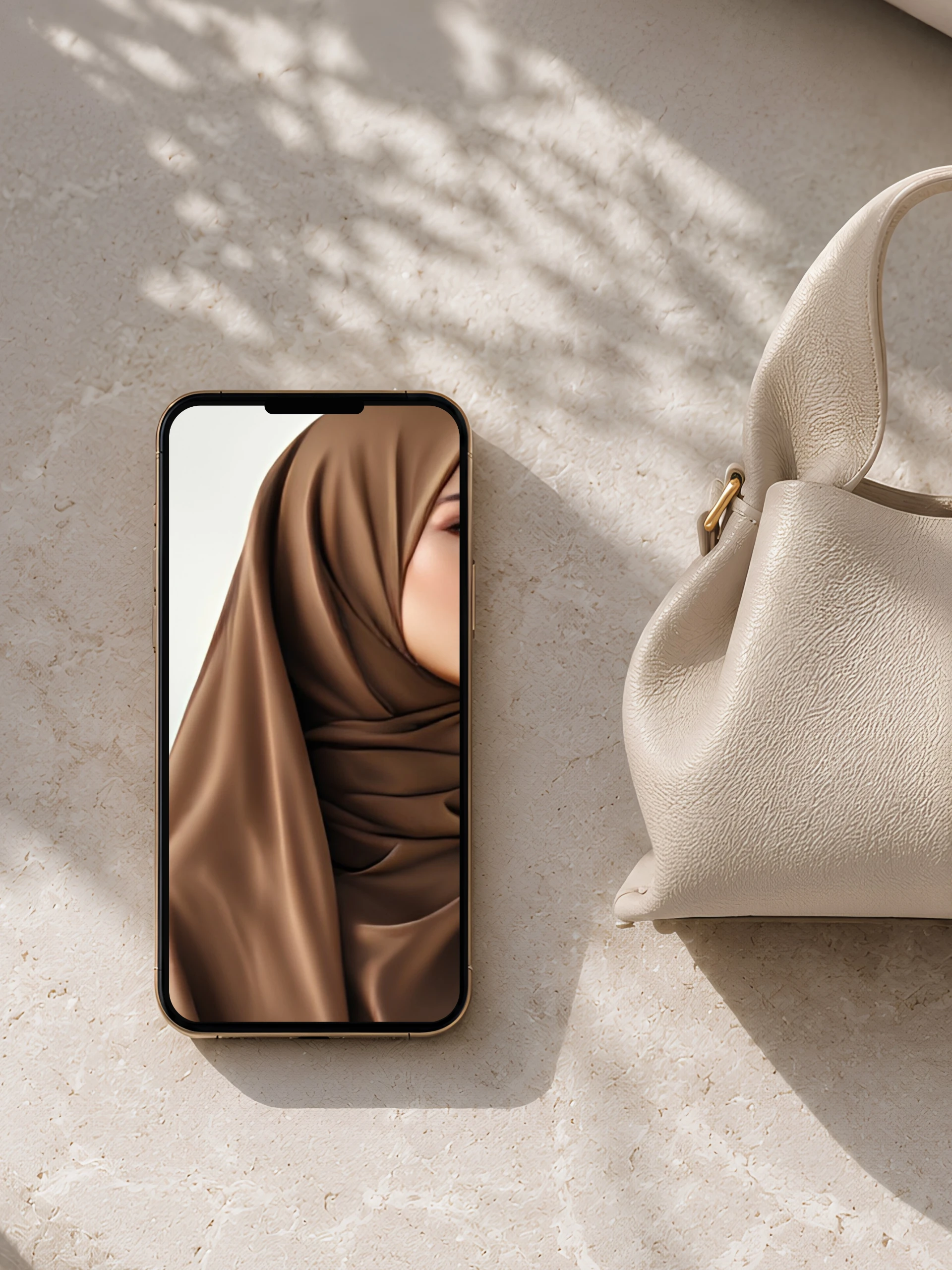Gros plan sur un iPhone affichant un détail d'une femme portant un hijab marron, à côté d'un sac à main beige.