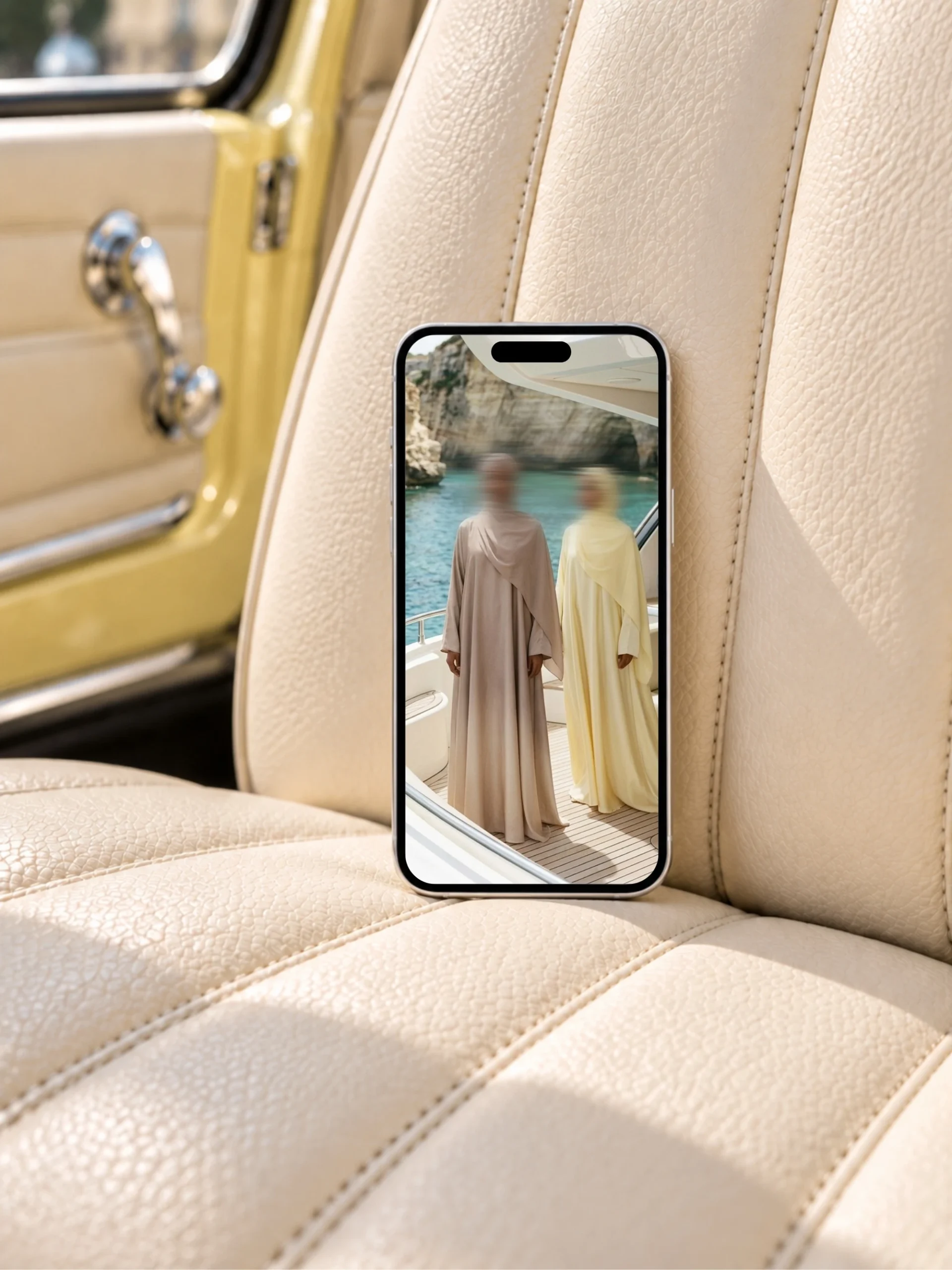 Riviera iPhone Mockup Canva – iPhone posé sur une banquette en cuir crème d'une voiture vintage