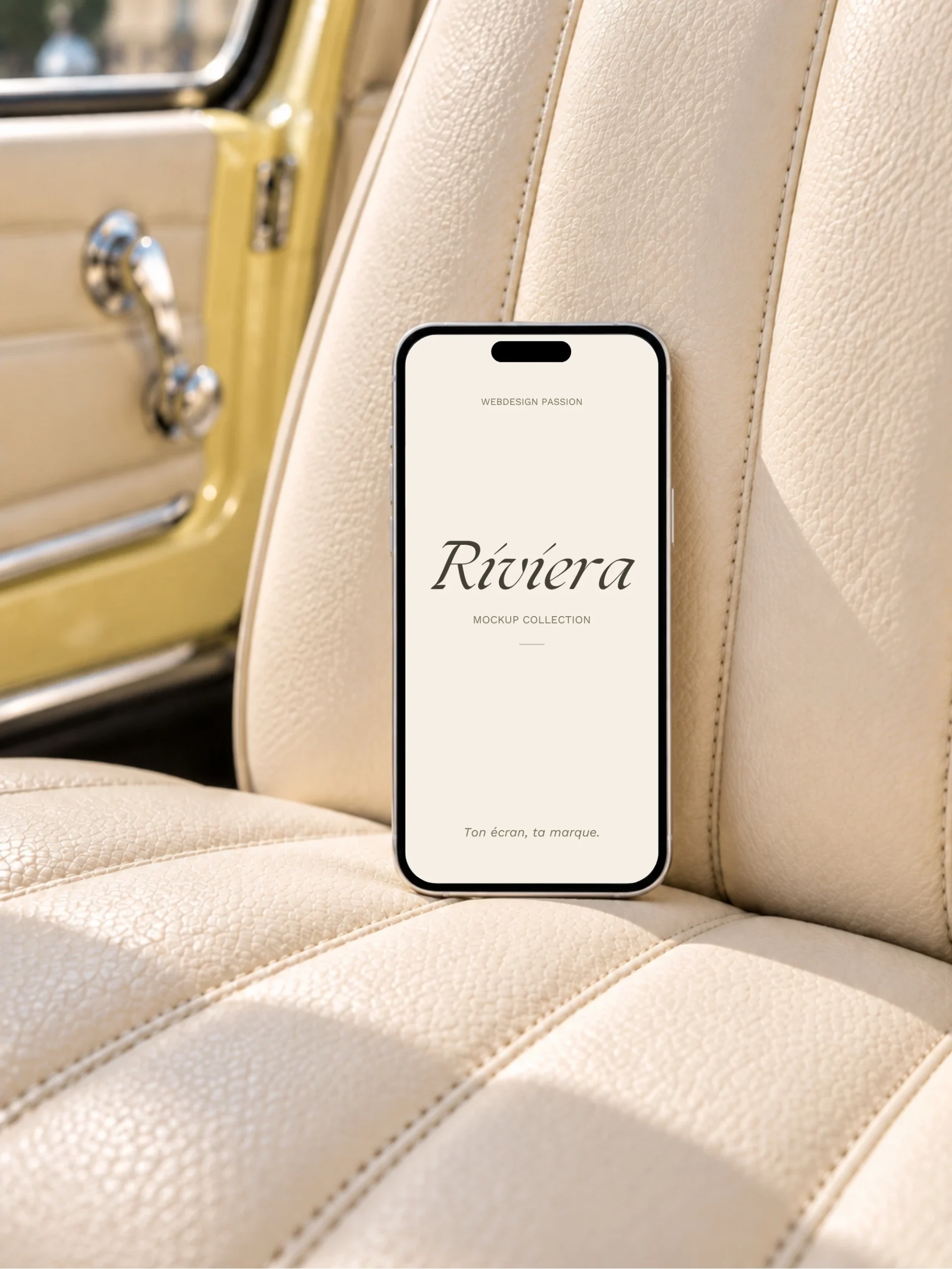 Riviera iPhone Mockup Canva – écran personnalisable, version typographique ivoire
