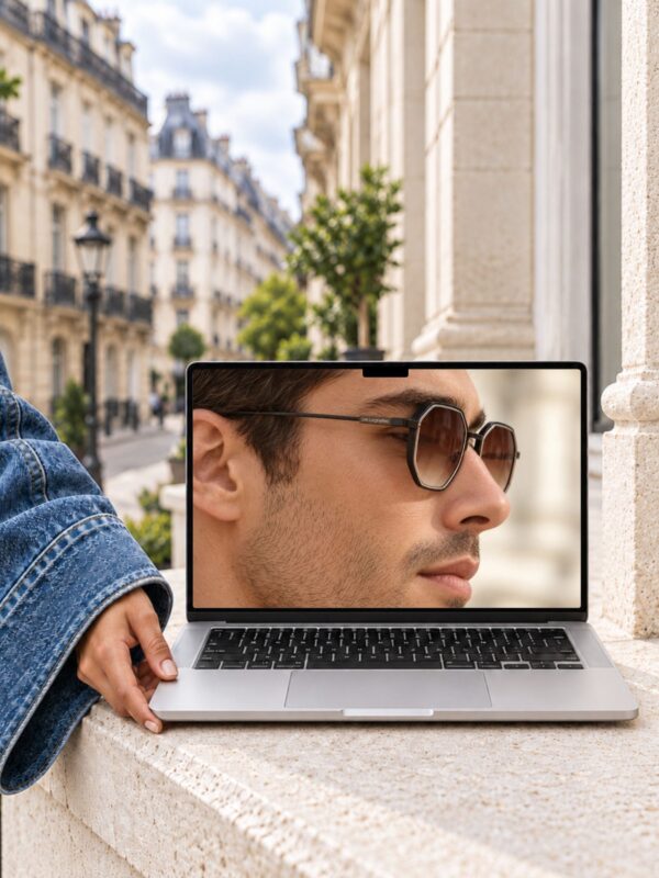 Mockup MacBook Canva sur une corniche parisienne, écran personnalisé