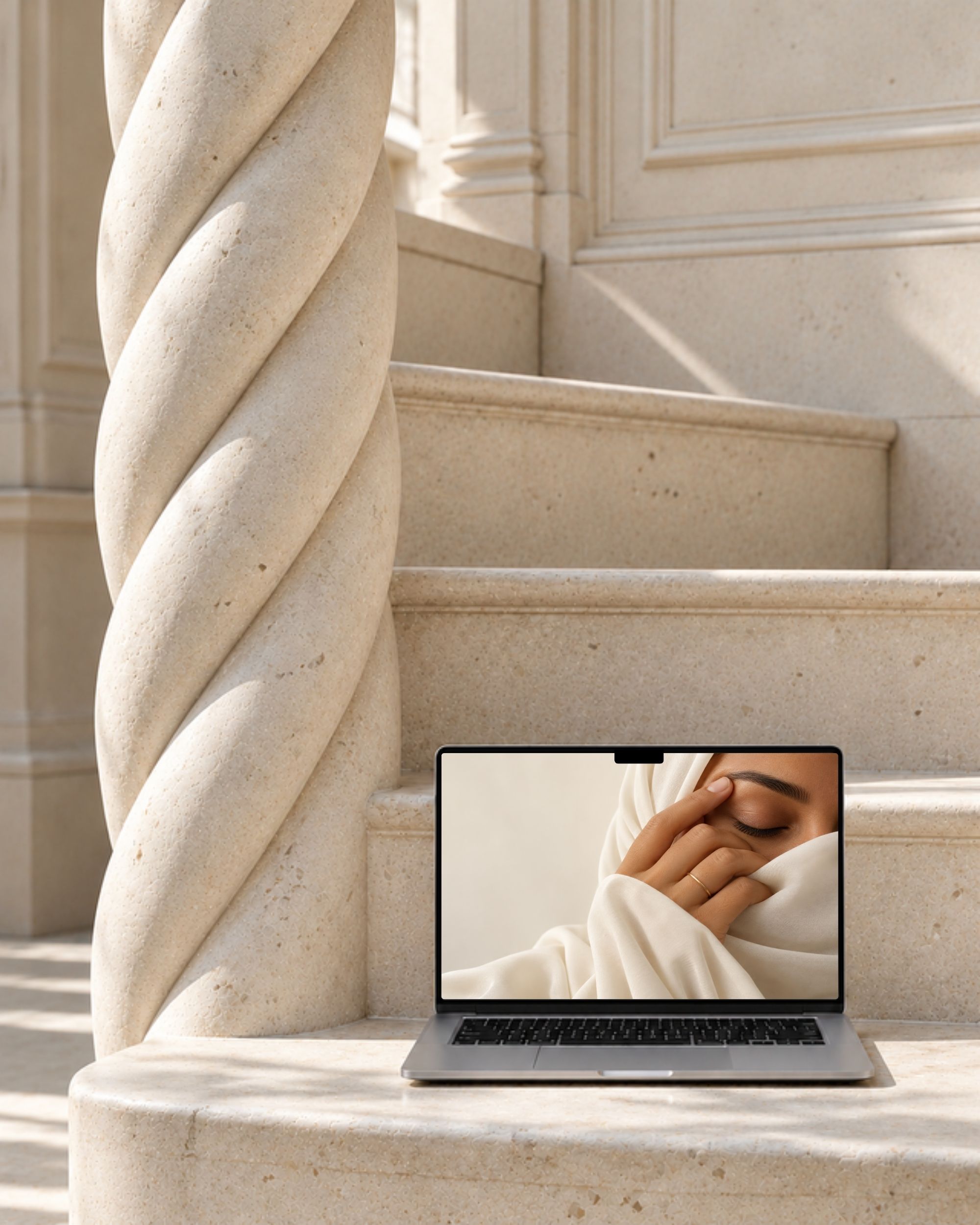 Mockup MacBook Canva sur un escalier en pierre au pied d'une colonne torsadée